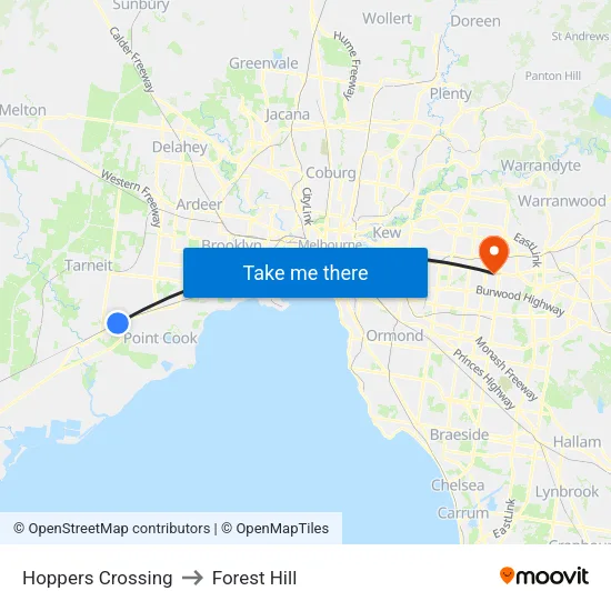 Hoppers Crossing to Forest Hill map