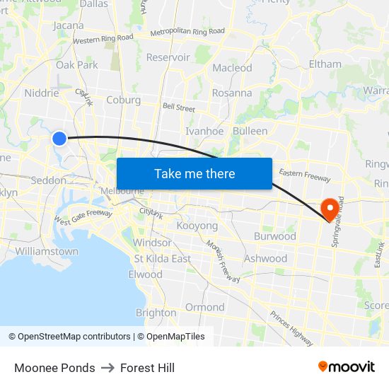 Moonee Ponds to Forest Hill map