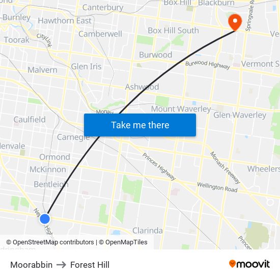 Moorabbin to Forest Hill map