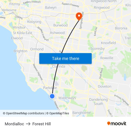 Mordialloc to Forest Hill map