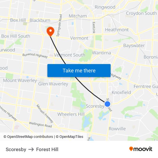 Scoresby to Forest Hill map