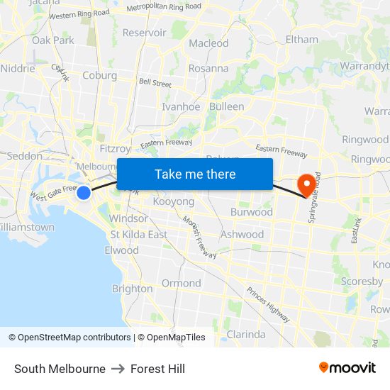 South Melbourne to Forest Hill map