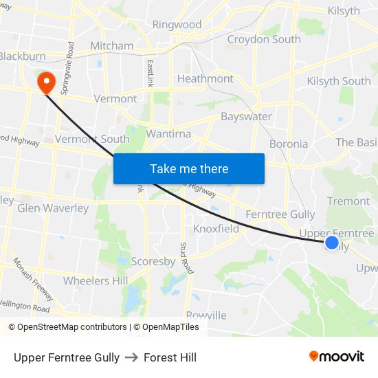 Upper Ferntree Gully to Forest Hill map