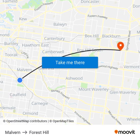 Malvern to Forest Hill map