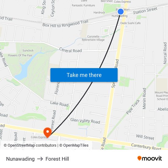 Nunawading to Forest Hill map