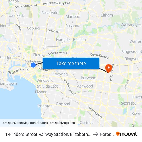 1-Flinders Street Railway Station/Elizabeth St (Melbourne City) to Forest Hill map