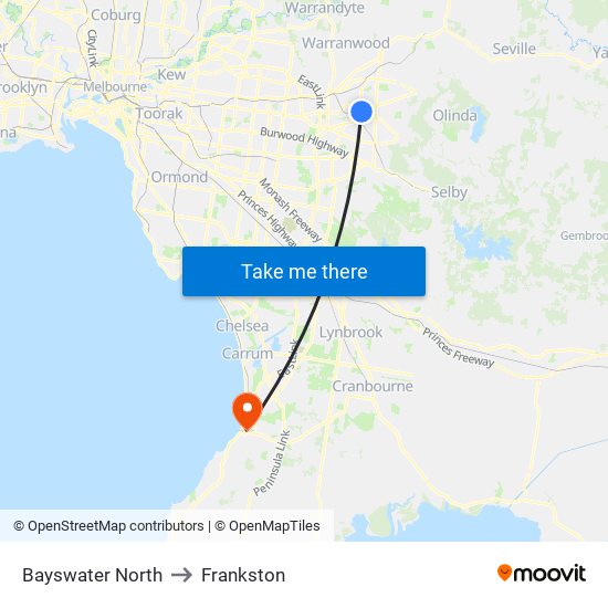 Bayswater North to Frankston map