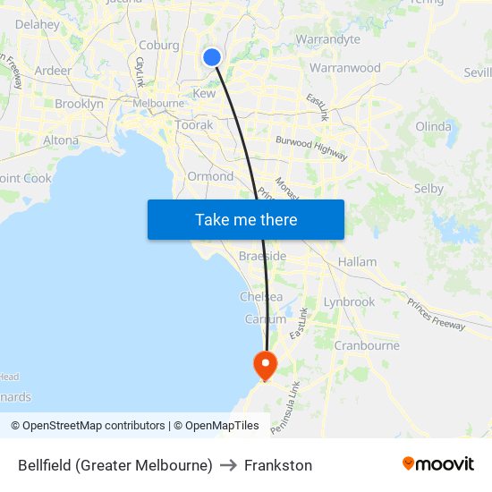 Bellfield (Greater Melbourne) to Frankston map