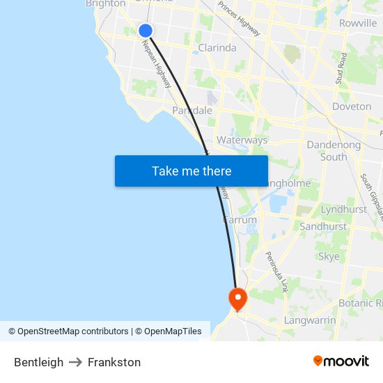 Bentleigh to Frankston map