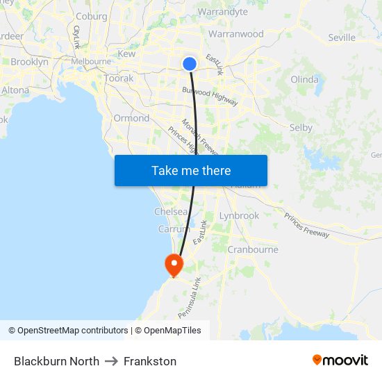 Blackburn North to Frankston map
