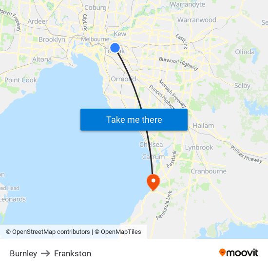 Burnley to Frankston map