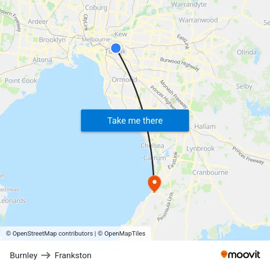 Burnley to Frankston map