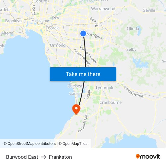 Burwood East to Frankston map