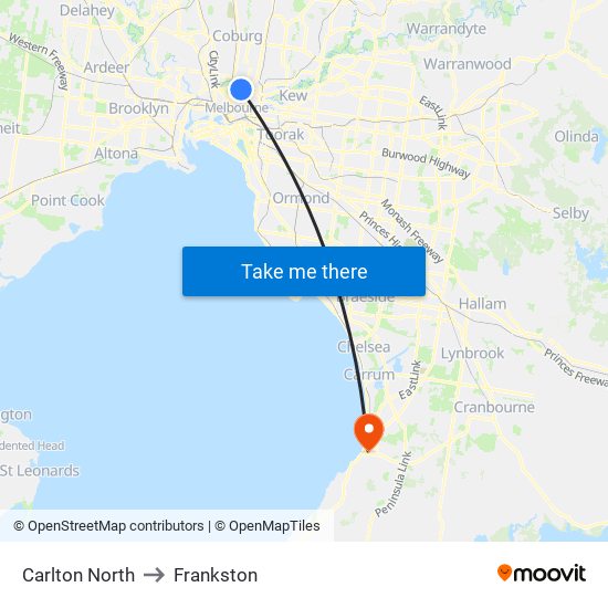 Carlton North to Frankston map