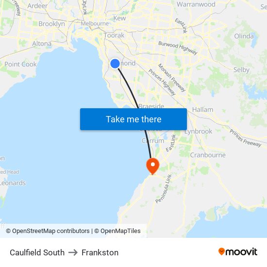 Caulfield South to Frankston map