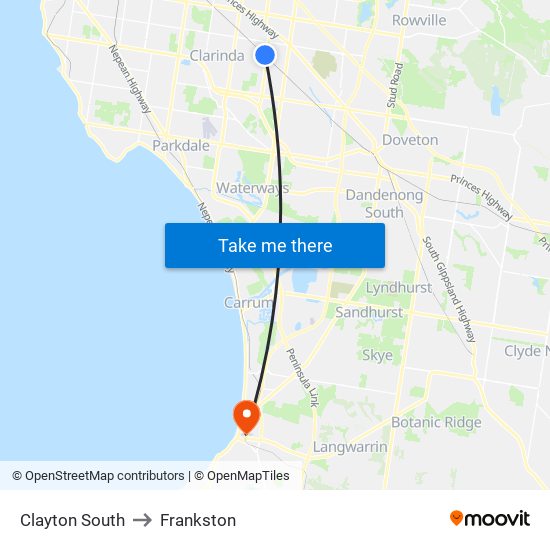 Clayton South to Frankston map