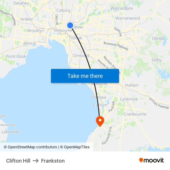 Clifton Hill to Frankston map