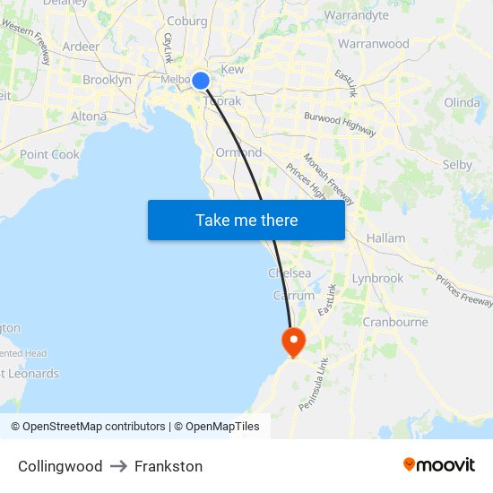 Collingwood to Frankston map