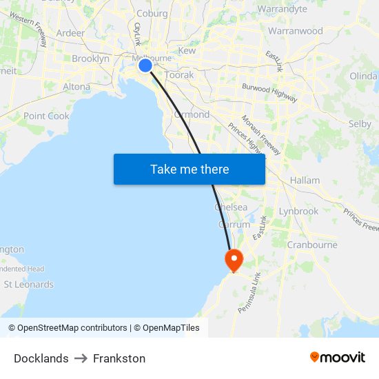 Docklands to Frankston map