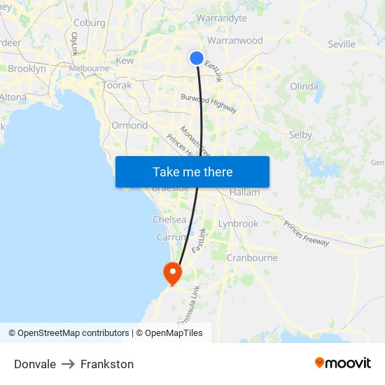 Donvale to Frankston map