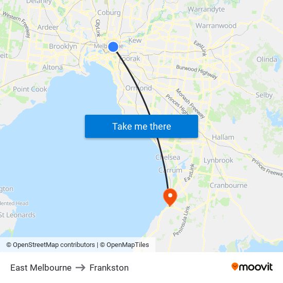 East Melbourne to Frankston map