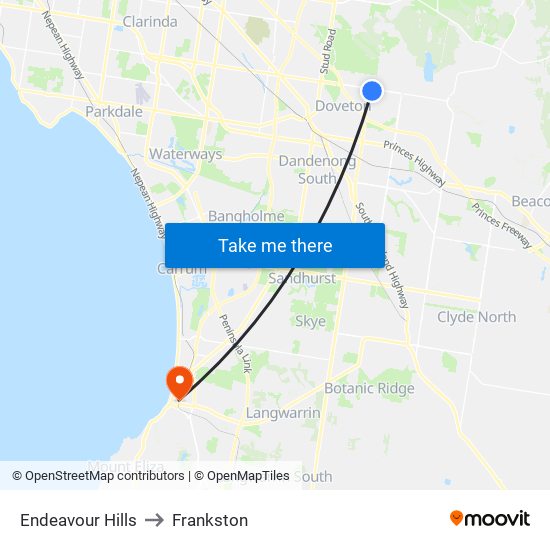 Endeavour Hills to Frankston map