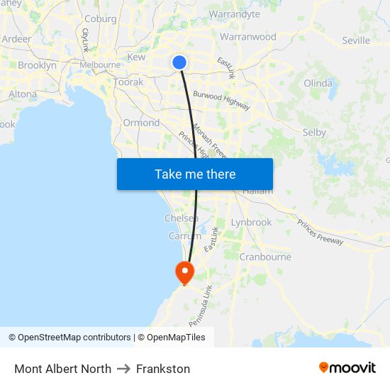 Mont Albert North to Frankston map