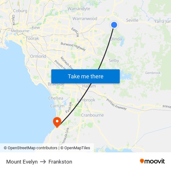 Mount Evelyn to Frankston map