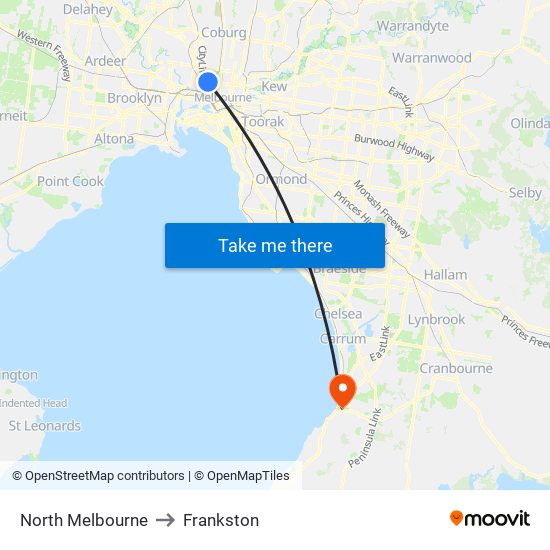 North Melbourne to Frankston map