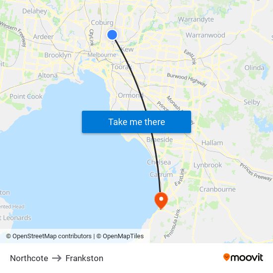 Northcote to Frankston map