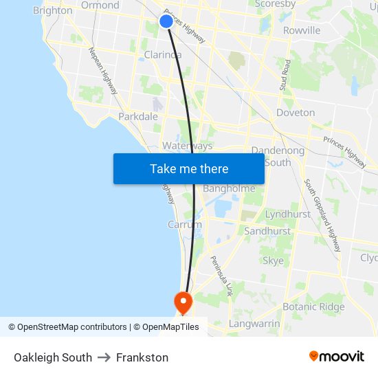 Oakleigh South to Frankston map