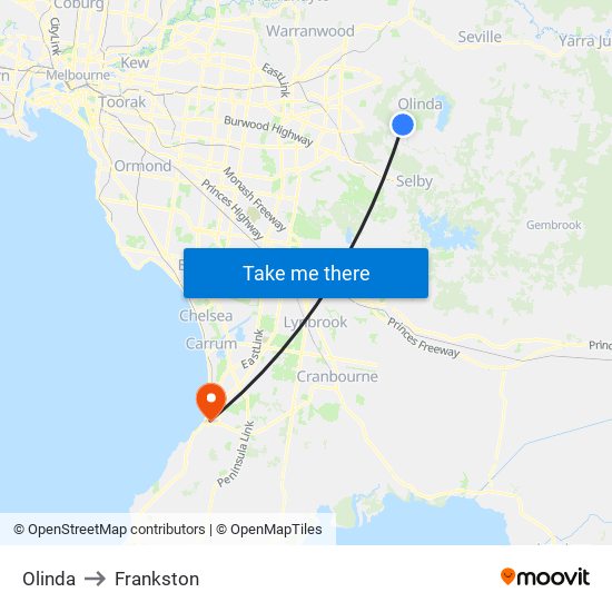 Olinda to Frankston map