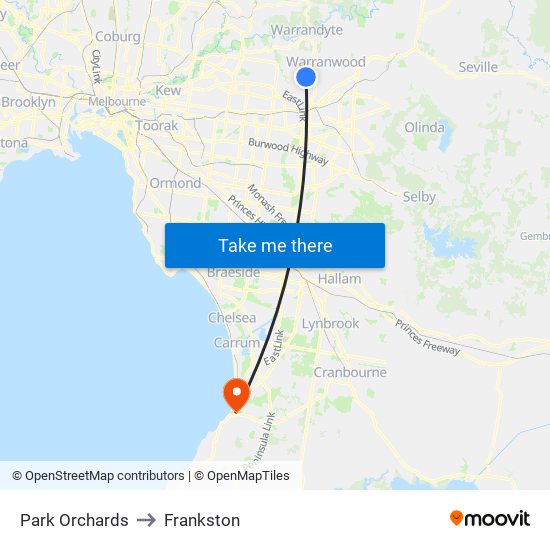 Park Orchards to Frankston map