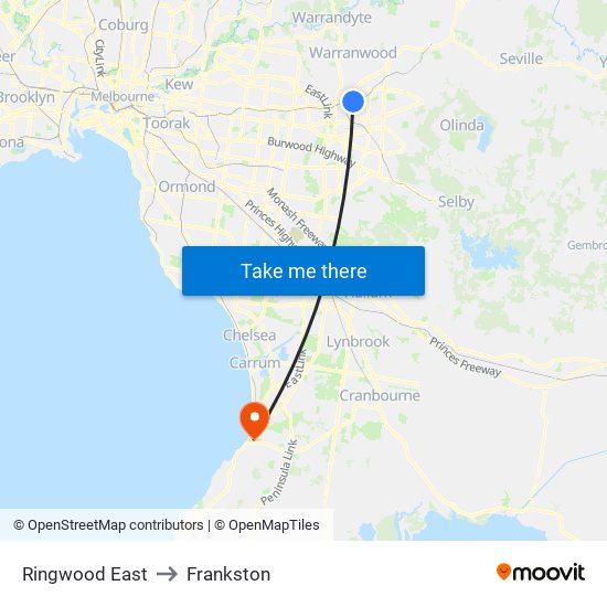 Ringwood East to Frankston map