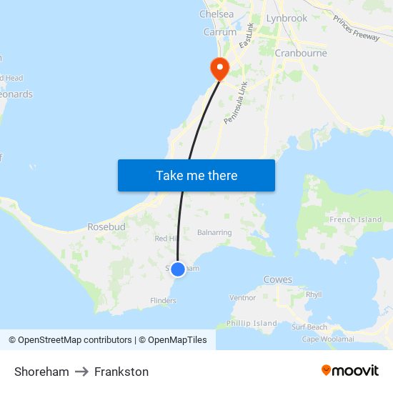 Shoreham to Frankston map