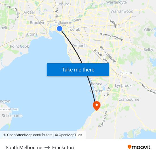South Melbourne to Frankston map