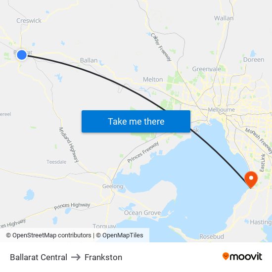 Ballarat Central to Frankston map