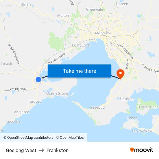 Geelong West to Frankston map