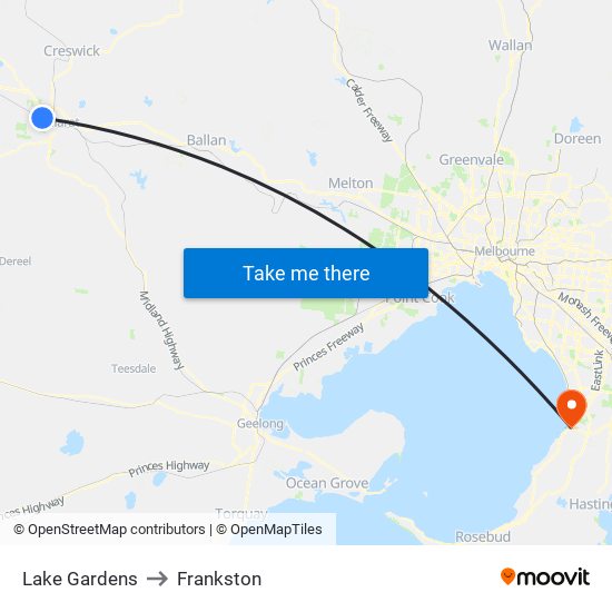 Lake Gardens to Frankston map