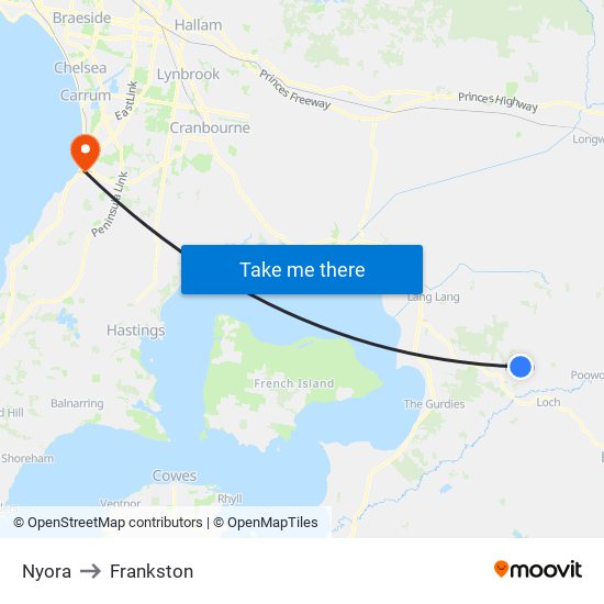 Nyora to Frankston map