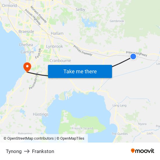 Tynong to Frankston map