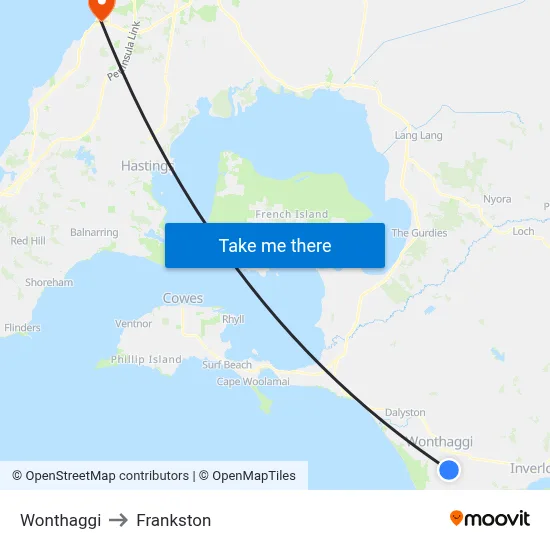 Wonthaggi to Frankston map