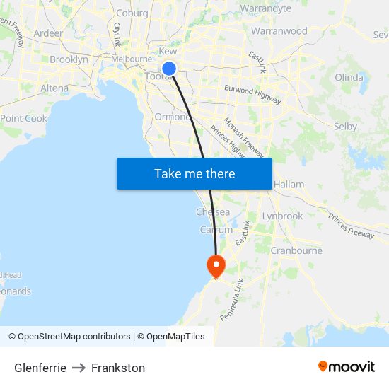 Glenferrie to Frankston map