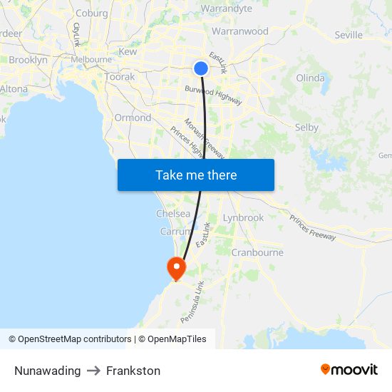 Nunawading to Frankston map