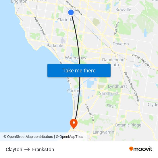 Clayton to Frankston map