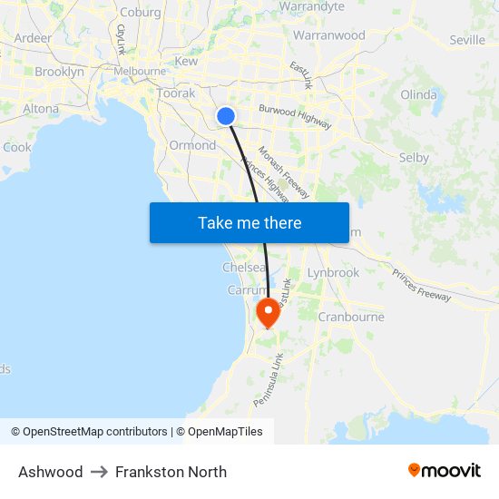 Ashwood to Frankston North map