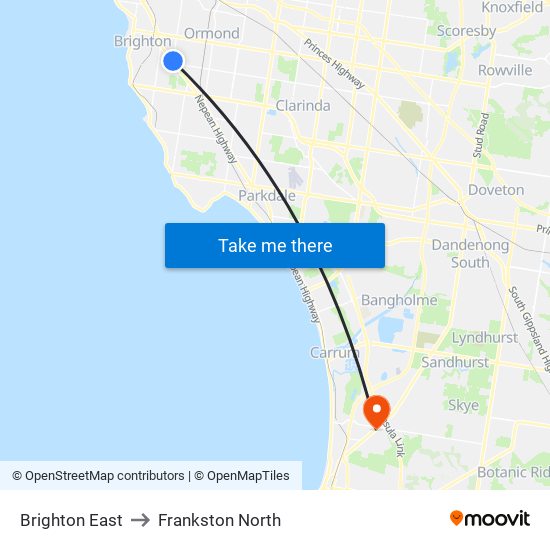 Brighton East to Frankston North map