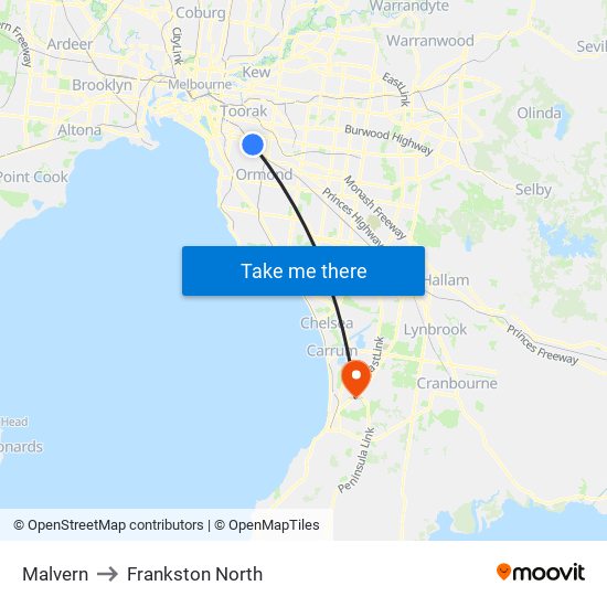 Malvern to Frankston North map