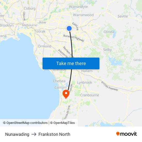 Nunawading to Frankston North map