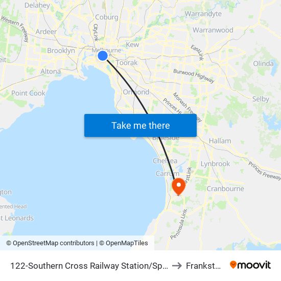 122-Southern Cross Railway Station/Spencer St (Melbourne City) to Frankston North map